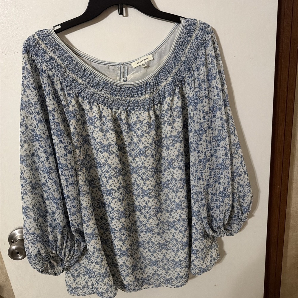 Max Studio XL  ditsy floral balloon slv top boatneck boho peasant garden cottage